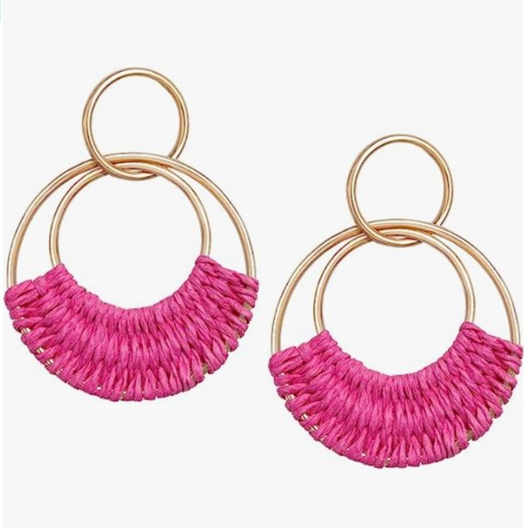 Dark Pink Woven Raffia Gold Hoop Earrings Wicker Hoops Boho Links Post Style New - Picture 4 of 5
